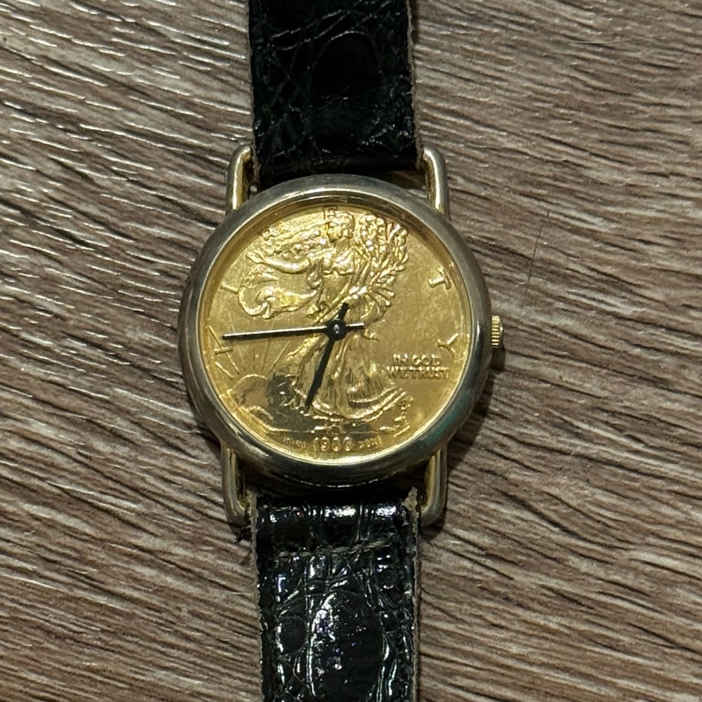 Gold Coin Watch with Black Leather Strap